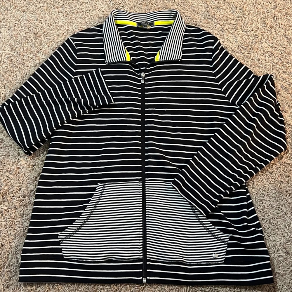 ORLY Black White Stripe Full‎ Zip Knit Jacket Women's XL